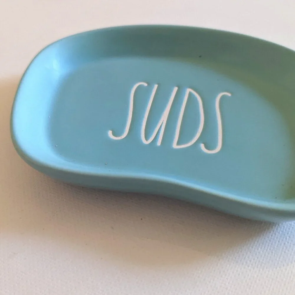 NWT Rae Dunn 'Suds' Ceramic Bath Soap Dish Turquoise Blue Collectible Home Decor